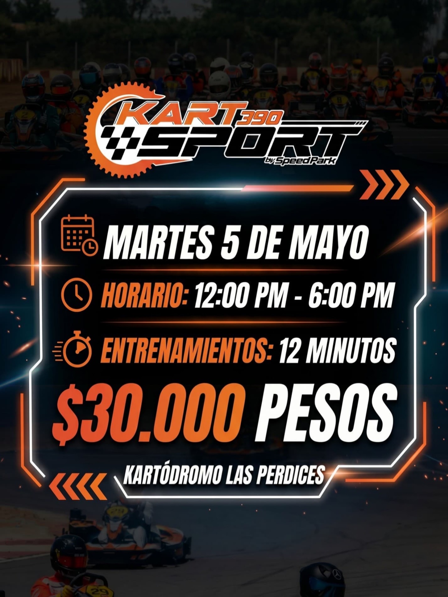 Atención ⚠️
Martes 5 de Mayo de 12:00 pm a 18:00 hrs 
Entrenamientos Sportkart390 12 minutos con sistema de cronometraje. 
No te pierdas la oportunidad de disfrutar la experiencia en pista profesional. 
Arriendo de buzo y casco en caso de requerir (obligatorio) 
Inscríbete por DM 📩

#karting #chile #sportkart